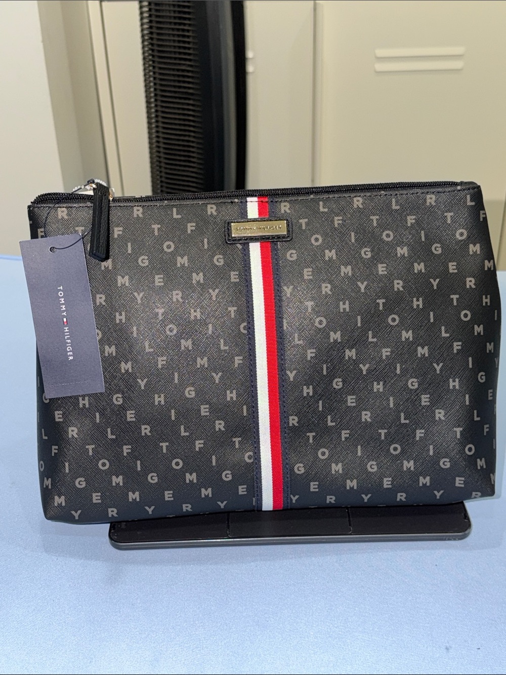 Tommy Hilfiger Brown Logo Toiletry Pouch with Red-White-Blue Stripe